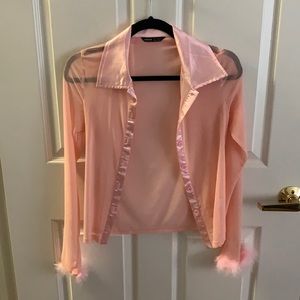Sheer Pink Button Up w Satin Collar & Fringe Cuffs
